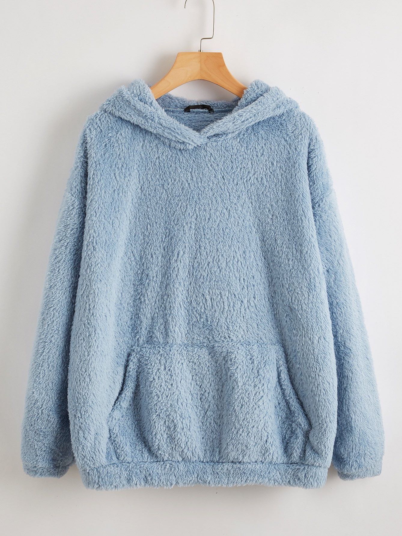 Drop Shoulder Kangaroo Pocket Teddy Hoodie - INS | Online Fashion Free Shipping Clothing, Dresses, Tops, Shoes