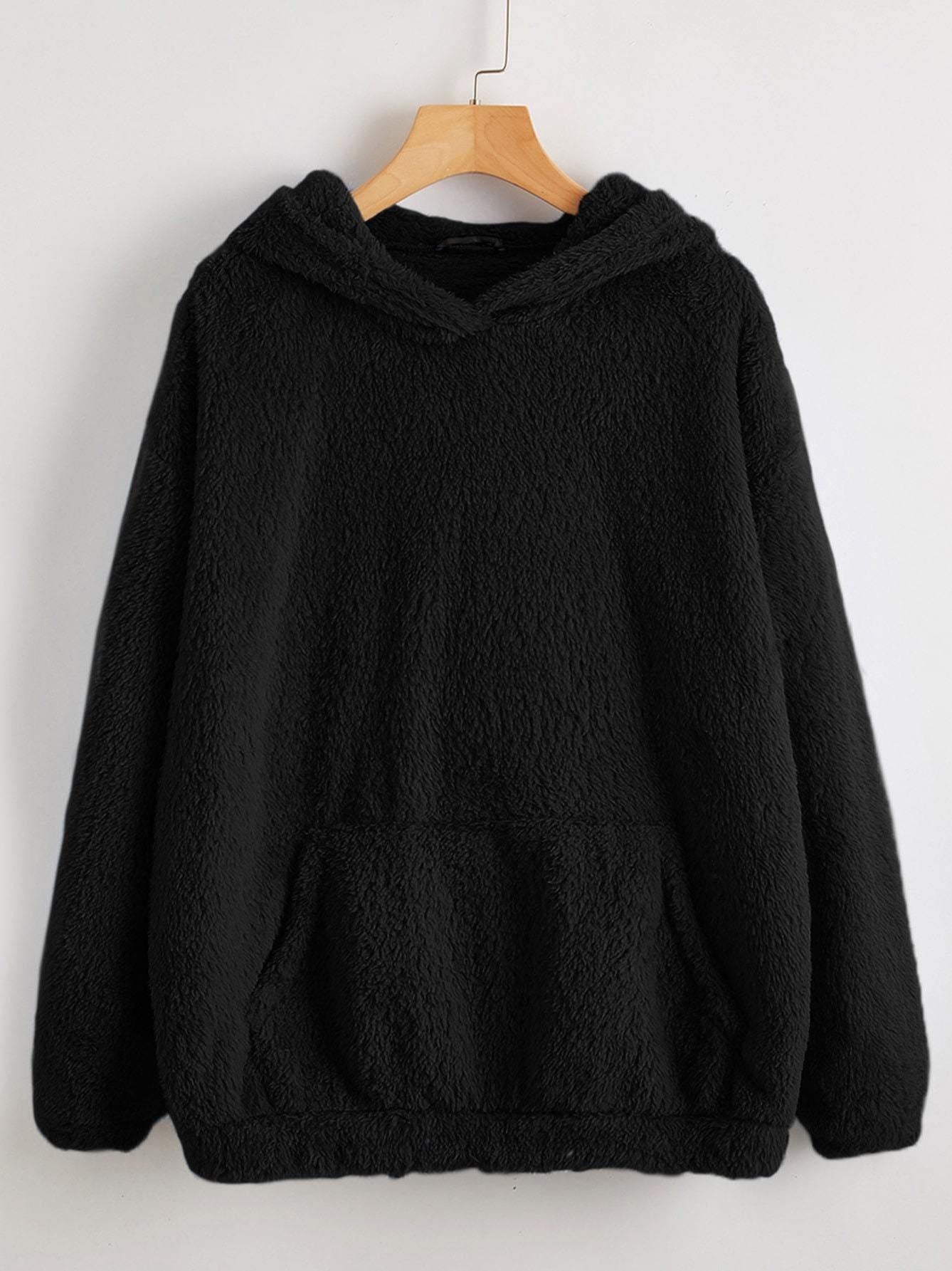 Drop Shoulder Kangaroo Pocket Teddy Hoodie - INS | Online Fashion Free Shipping Clothing, Dresses, Tops, Shoes