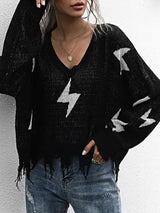 Drop Shoulder Lightning Pattern Frayed Oversized Sweater - Sweaters - INS | Online Fashion Free Shipping Clothing, Dresses, Tops, Shoes - 02/07/2021 - Autumn - Black
