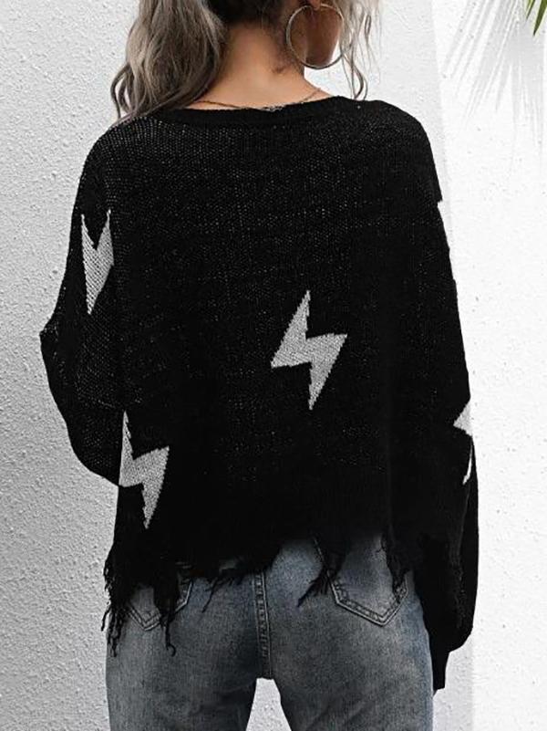 Drop Shoulder Lightning Pattern Frayed Oversized Sweater - Sweaters - INS | Online Fashion Free Shipping Clothing, Dresses, Tops, Shoes - 02/07/2021 - Autumn - Black