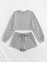 Drop Shoulder Rib-knit Tee and Drawstring Waist Shorts Set - INS | Online Fashion Free Shipping Clothing, Dresses, Tops, Shoes