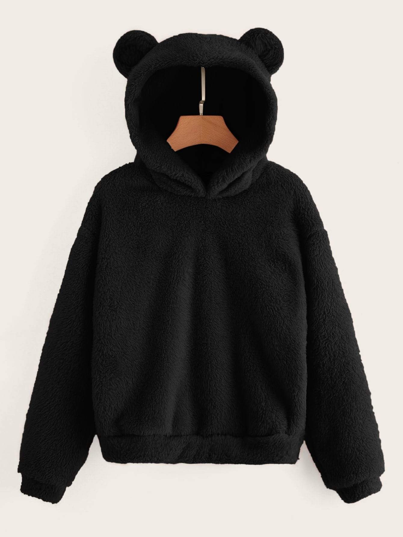 Drop Shoulder Solid Teddy Hoodie With Bear Ears - INS | Online Fashion Free Shipping Clothing, Dresses, Tops, Shoes