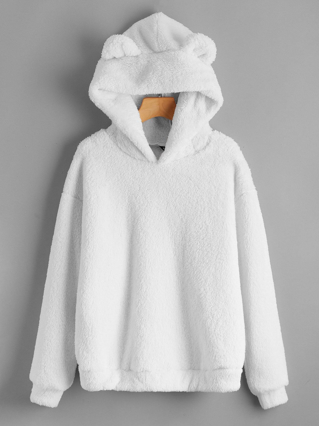 Drop Shoulder Solid Teddy Hoodie With Bear Ears - INS | Online Fashion Free Shipping Clothing, Dresses, Tops, Shoes