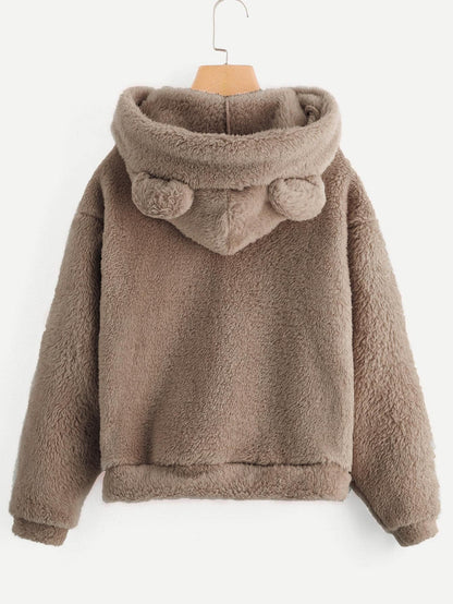 Drop Shoulder Solid Teddy Hoodie With Bear Ears - INS | Online Fashion Free Shipping Clothing, Dresses, Tops, Shoes