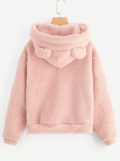 Drop Shoulder Solid Teddy Hoodie With Bear Ears - INS | Online Fashion Free Shipping Clothing, Dresses, Tops, Shoes