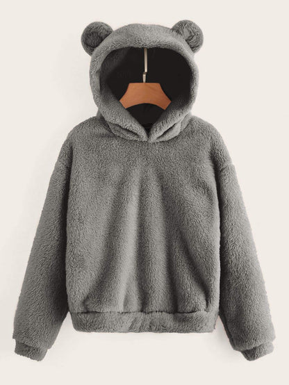 Drop Shoulder Solid Teddy Hoodie With Bear Ears - INS | Online Fashion Free Shipping Clothing, Dresses, Tops, Shoes