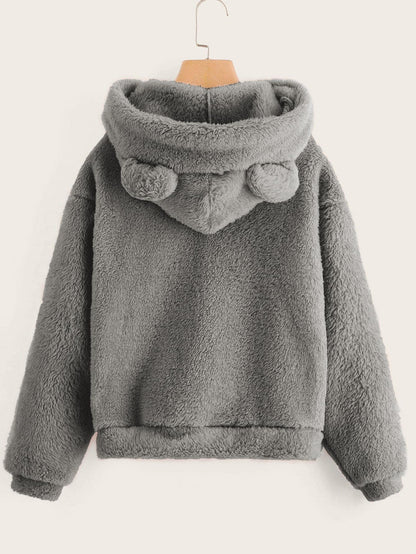 Drop Shoulder Solid Teddy Hoodie With Bear Ears - INS | Online Fashion Free Shipping Clothing, Dresses, Tops, Shoes