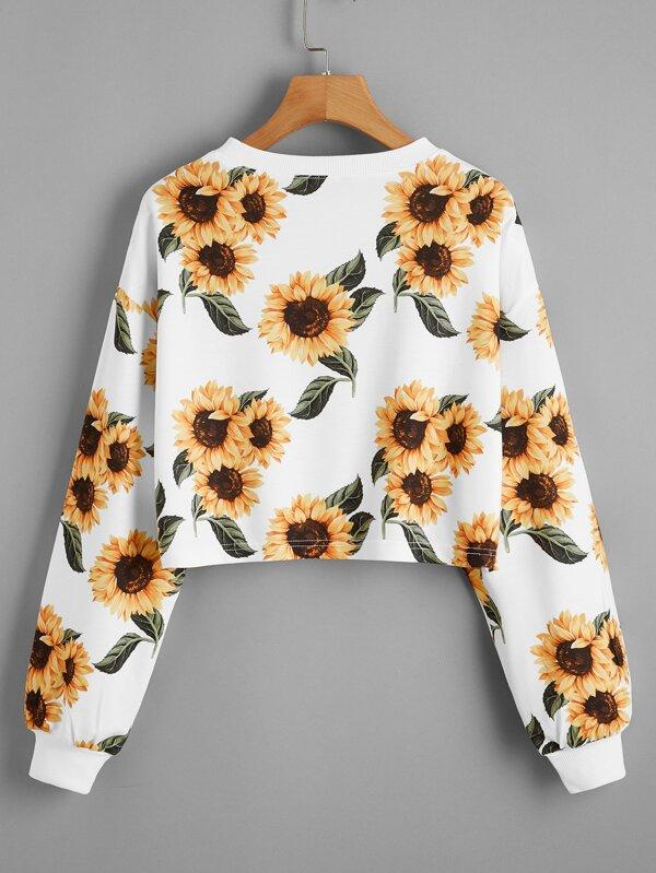 Drop Shoulder Sunflower Print Crop Pullover - INS | Online Fashion Free Shipping Clothing, Dresses, Tops, Shoes