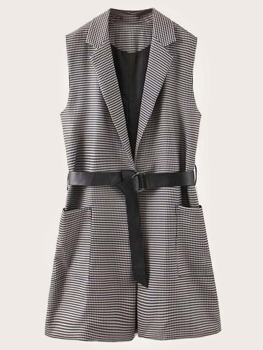 Dual Pockets Belted Houndstooth Blazer Vest - INS | Online Fashion Free Shipping Clothing, Dresses, Tops, Shoes