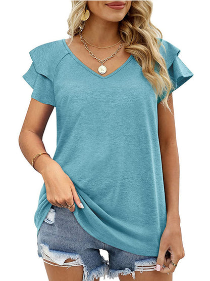 T-Shirts - Solid Color V-Neck Ruffled Sleeves Loose T-Shirt - MsDressly