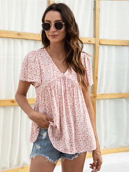 T-Shirts - V-Neck Floral Printed Pattern Short Sleeve Loose Casual T-Shirt - MsDressly