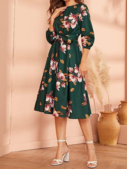 Elastic Waist Belted Floral Dress - Dresses - INS | Online Fashion Free Shipping Clothing, Dresses, Tops, Shoes - 01/30/2021 - Autumn - Color_Green