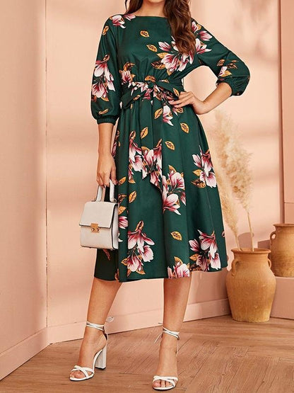 Elastic Waist Belted Floral Dress - Dresses - INS | Online Fashion Free Shipping Clothing, Dresses, Tops, Shoes - 01/30/2021 - Autumn - Color_Green