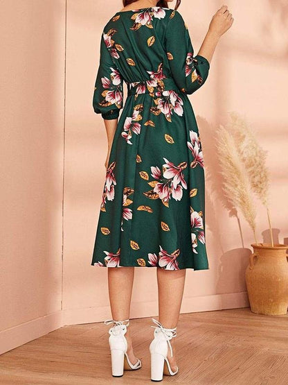 Elastic Waist Belted Floral Dress - Dresses - INS | Online Fashion Free Shipping Clothing, Dresses, Tops, Shoes - 01/30/2021 - Autumn - Color_Green