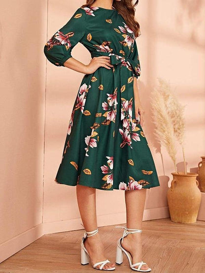 Elastic Waist Belted Floral Dress - Dresses - INS | Online Fashion Free Shipping Clothing, Dresses, Tops, Shoes - 01/30/2021 - Autumn - Color_Green