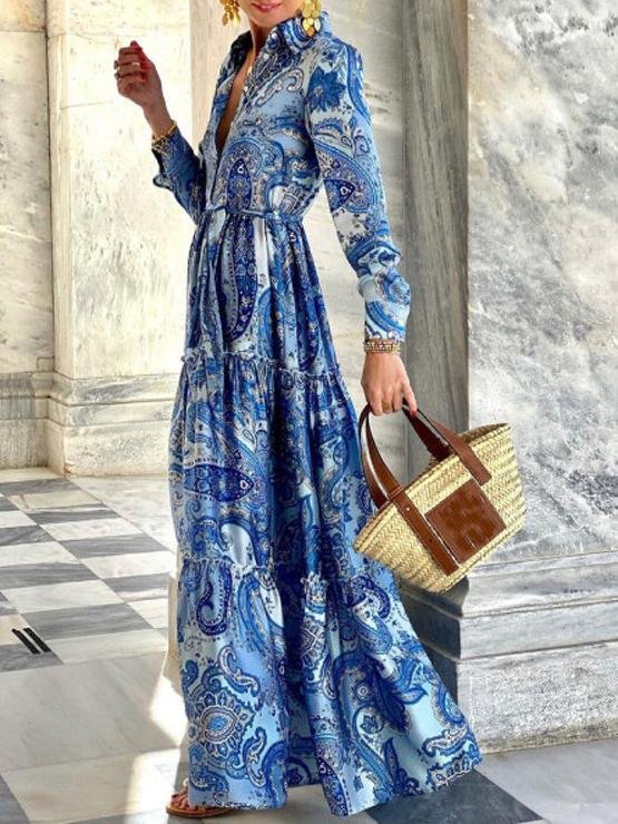 Elegant Long Sleeve V Neck Lapel Dress - Maxi Dresses - INS | Online Fashion Free Shipping Clothing, Dresses, Tops, Shoes - 23/06/2021 - 30-40 - color-blue