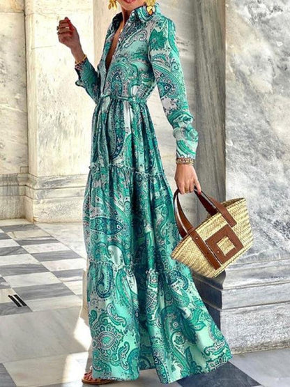 Elegant Long Sleeve V Neck Lapel Dress - Maxi Dresses - INS | Online Fashion Free Shipping Clothing, Dresses, Tops, Shoes - 23/06/2021 - 30-40 - color-blue