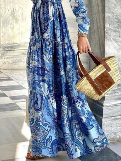 Elegant Long Sleeve V Neck Lapel Dress - Maxi Dresses - INS | Online Fashion Free Shipping Clothing, Dresses, Tops, Shoes - 23/06/2021 - 30-40 - color-blue