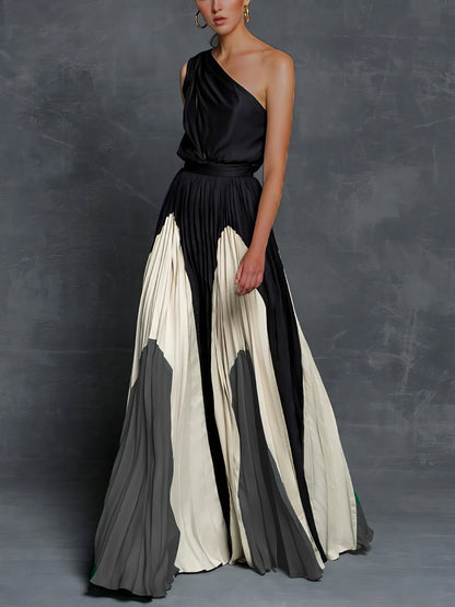Maxi Dresses - Elegant One Shoulder Colorblock A Line Prom Dress - MsDressly