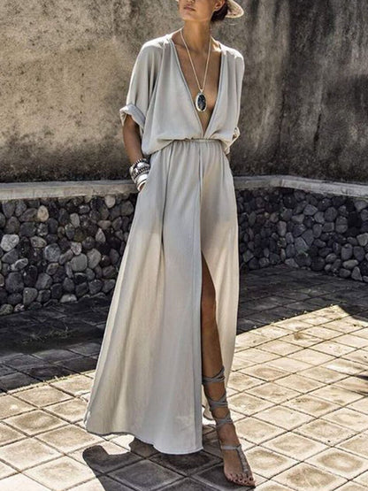 Maxi Dresses - Elegant Solid Deep V Neck Split Dress - MsDressly