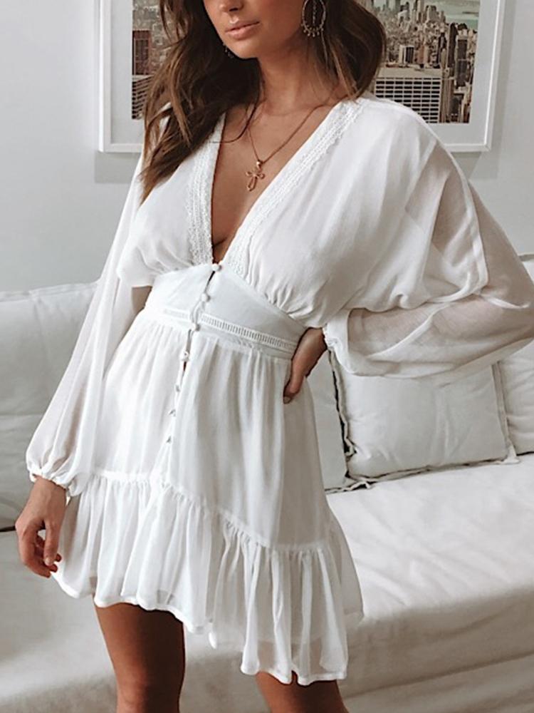 Elegant V-neck Long Sleeve Lace Dress - Mini Dresses - INS | Online Fashion Free Shipping Clothing, Dresses, Tops, Shoes - 30/06/2021 - 40-50 - color-white