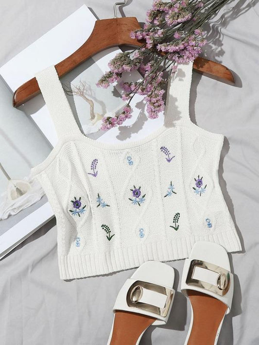 Embroidered Flower Crop Knit Cami Top - INS | Online Fashion Free Shipping Clothing, Dresses, Tops, Shoes