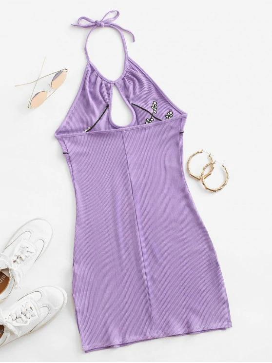 Embroidered Ribbed Keyhole Halter Dress - Dresses - INS | Online Fashion Free Shipping Clothing, Dresses, Tops, Shoes - 02/09/2021 - Bodycon Dresses - Color_Purple
