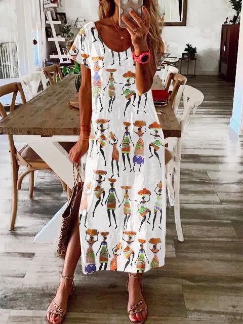 Ethnic Print Loose Short Sleeve Dress - Maxi Dresses - INS | Online Fashion Free Shipping Clothing, Dresses, Tops, Shoes - 07/07/2021 - 20-30 - color-khaki