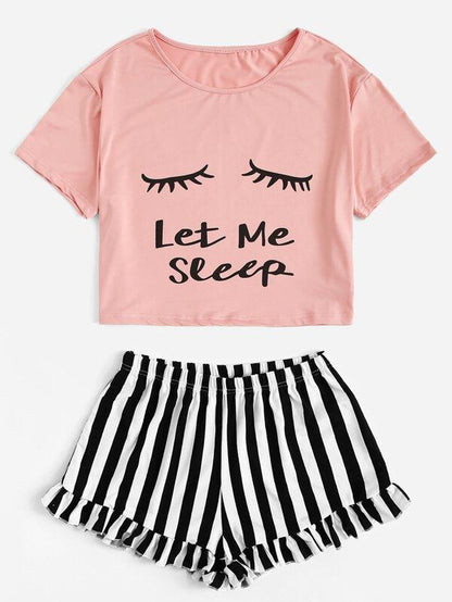 Eye and Letter Graphic Top & Ruffle Striped Shorts PJ Set - INS | Online Fashion Free Shipping Clothing, Dresses, Tops, Shoes