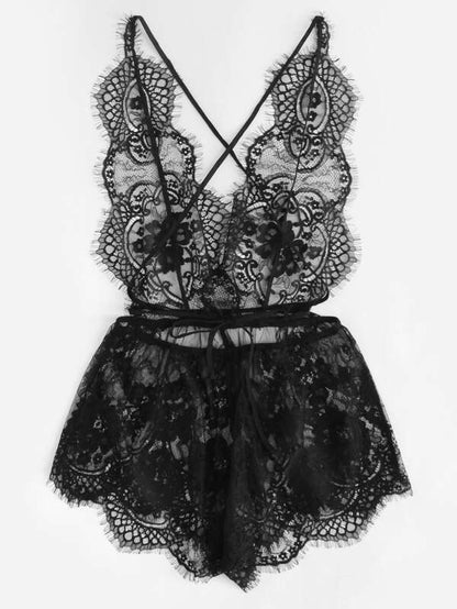 Eyelash Lace Plunging Sleep Romper - INS | Online Fashion Free Shipping Clothing, Dresses, Tops, Shoes