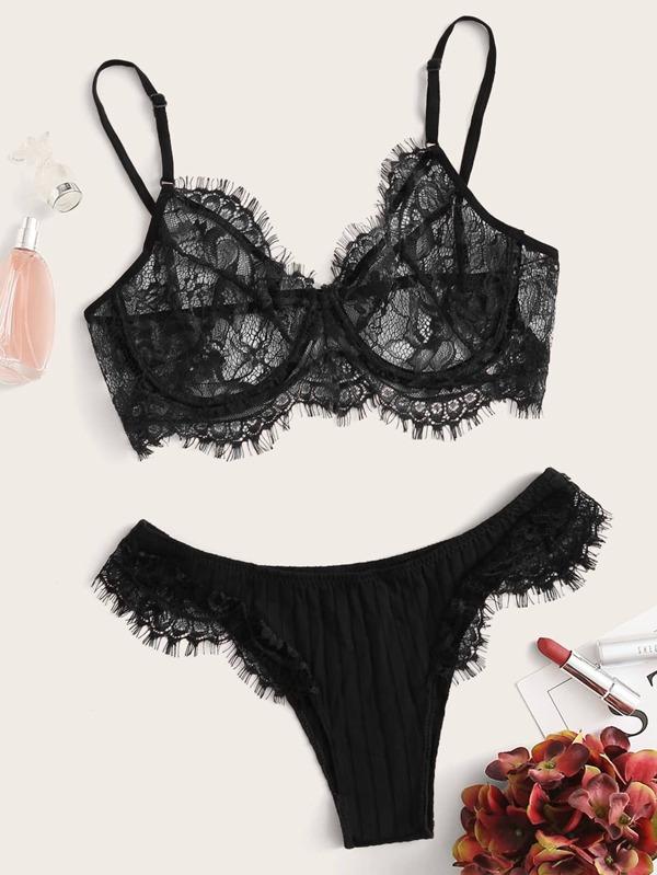 Eyelash Lace Underwire Lingerie Set - INS | Online Fashion Free Shipping Clothing, Dresses, Tops, Shoes