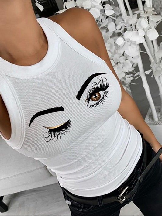 Eyelash Print Tank Tops Summer Sleeveless Basic Cami Top Shirt Slim Knit Ribbed Racerback Blouses - Tank Tops - INS | Online Fashion Free Shipping Clothing, Dresses, Tops, Shoes - 28/04/2021 - Color_White - Season_Spring