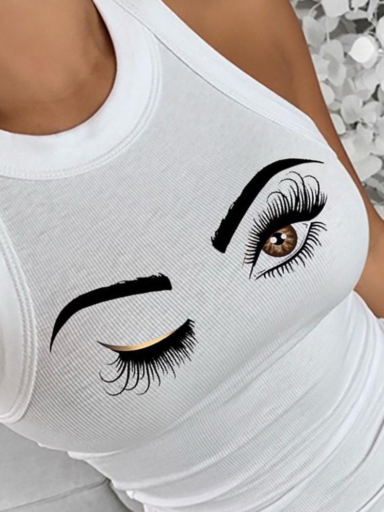 Eyelash Print Tank Tops Summer Sleeveless Basic Cami Top Shirt Slim Knit Ribbed Racerback Blouses - Tank Tops - INS | Online Fashion Free Shipping Clothing, Dresses, Tops, Shoes - 28/04/2021 - Color_White - Season_Spring