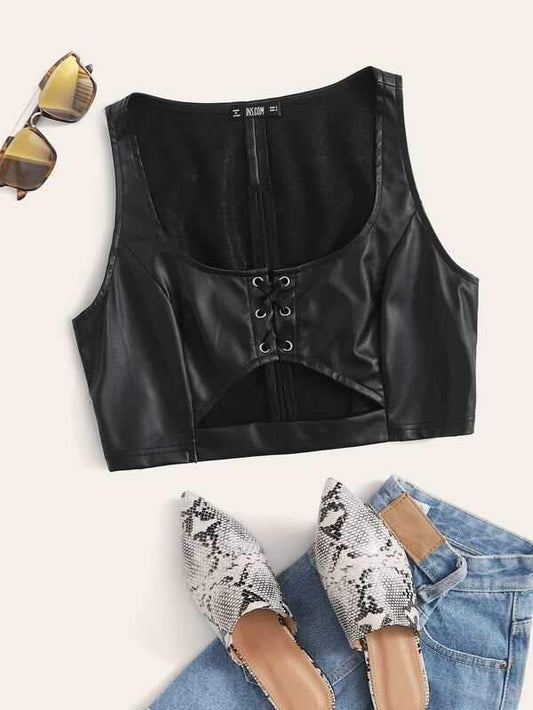 Eyelet Lace Up Cut-out PU Crop Tank Top - INS | Online Fashion Free Shipping Clothing, Dresses, Tops, Shoes