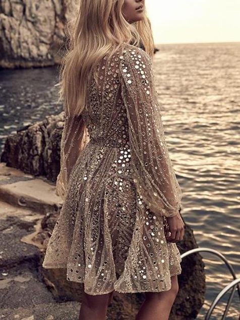 Fairy Long Sleeve Bronzing Dress Mini Dress - Mini Dresses - INS | Online Fashion Free Shipping Clothing, Dresses, Tops, Shoes - 09/04/2021 - Color_Golden - DRE210409724