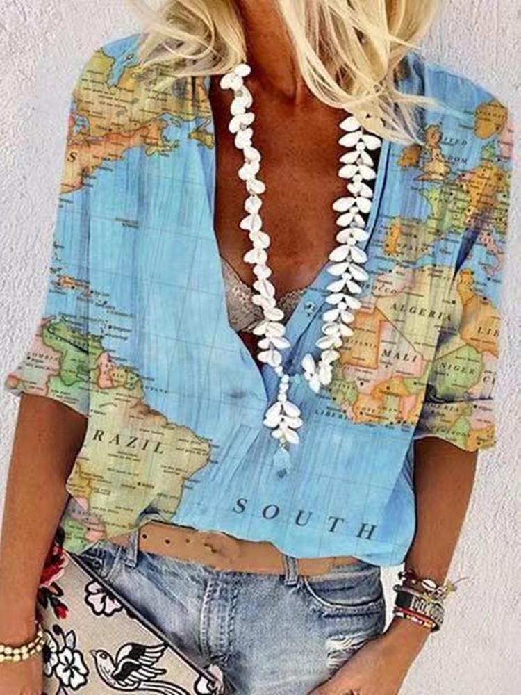 Fashion Casual Loose Map Printing Blouses - Blouses - INS | Online Fashion Free Shipping Clothing, Dresses, Tops, Shoes - 10/06/2021 - BLO2106100059 - Blouses