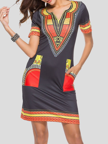 Fashion Ethnic Print Pocket Dress - Mini Dresses - INS | Online Fashion Free Shipping Clothing, Dresses, Tops, Shoes - 20-30 - 24/06/2021 - color-gray