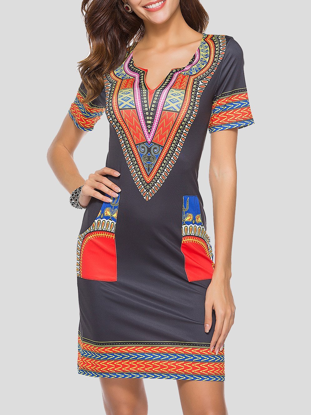 Fashion Ethnic Print Pocket Dress - Mini Dresses - INS | Online Fashion Free Shipping Clothing, Dresses, Tops, Shoes - 20-30 - 24/06/2021 - color-gray