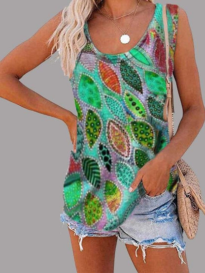 Fashion Feather Print U-neck Sleeveless Vest - Tank Tops - INS | Online Fashion Free Shipping Clothing, Dresses, Tops, Shoes - 10-20 - 17/06/2021 - color-blue