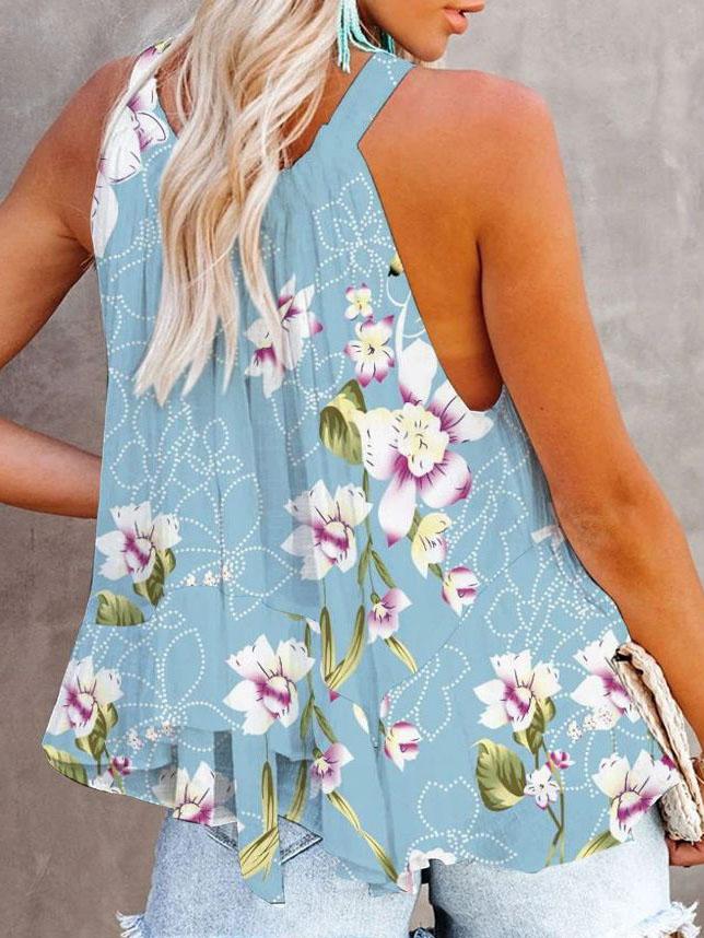 Fashion Floral Print Halter Sleeveless Pullover Off Shoulder Vest - Tank Tops - INS | Online Fashion Free Shipping Clothing, Dresses, Tops, Shoes - 20-30 - 26/07/2021 - color-blue