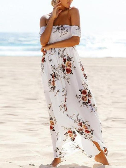 Fashion Floral Printed Off Shoulder Short Sleeve Maxi Dress - Maxi Dresses - INS | Online Fashion Free Shipping Clothing, Dresses, Tops, Shoes - 20/05/2021 - Color_Khaki - Color_White