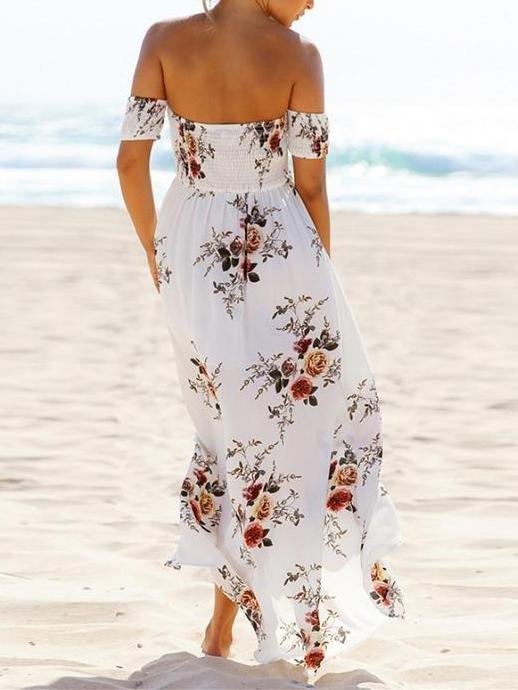 Fashion Floral Printed Off Shoulder Short Sleeve Maxi Dress - Maxi Dresses - INS | Online Fashion Free Shipping Clothing, Dresses, Tops, Shoes - 20/05/2021 - Color_Khaki - Color_White