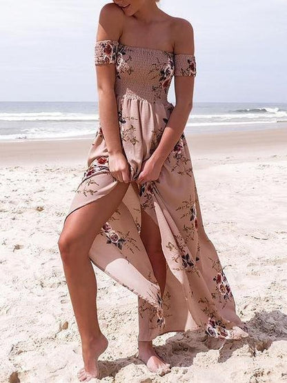 Fashion Floral Printed Off Shoulder Short Sleeve Maxi Dress - Maxi Dresses - INS | Online Fashion Free Shipping Clothing, Dresses, Tops, Shoes - 20/05/2021 - Color_Khaki - Color_White