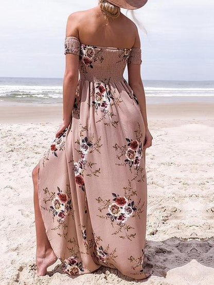 Fashion Floral Printed Off Shoulder Short Sleeve Maxi Dress - Maxi Dresses - INS | Online Fashion Free Shipping Clothing, Dresses, Tops, Shoes - 20/05/2021 - Color_Khaki - Color_White