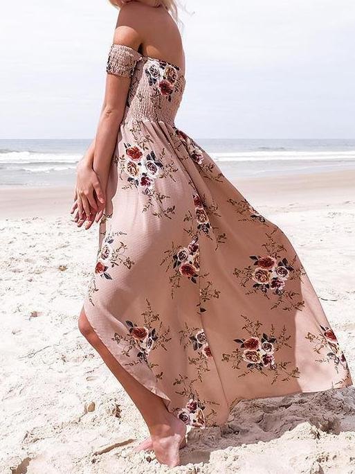 Fashion Floral Printed Off Shoulder Short Sleeve Maxi Dress - Maxi Dresses - INS | Online Fashion Free Shipping Clothing, Dresses, Tops, Shoes - 20/05/2021 - Color_Khaki - Color_White