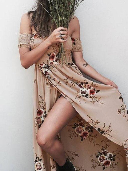 Fashion Floral Printed Off Shoulder Short Sleeve Maxi Dress - Maxi Dresses - INS | Online Fashion Free Shipping Clothing, Dresses, Tops, Shoes - 20/05/2021 - Color_Khaki - Color_White