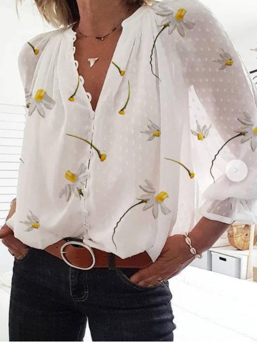Fashion Flower Printed V Neck 3/4 Sleeve Blouses - Blouses - INS | Online Fashion Free Shipping Clothing, Dresses, Tops, Shoes - 18/05/2021 - BLO210519266 - Blouses