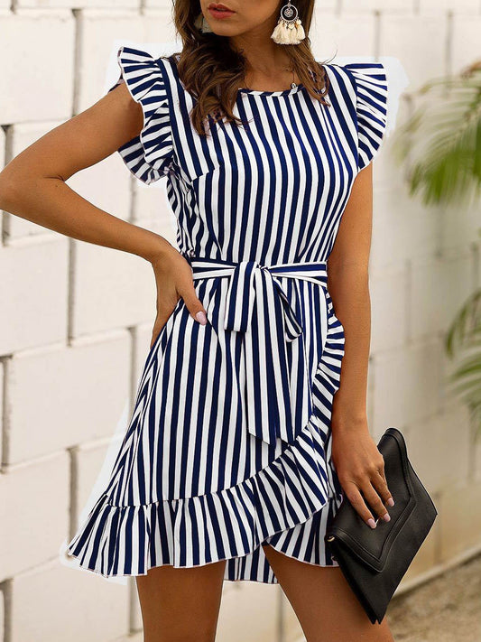 Fashion Flying Sleeves Striped Ruffle Dress - Mini Dresses - INS | Online Fashion Free Shipping Clothing, Dresses, Tops, Shoes - 12/07/2021 - 20-30 - color-blue