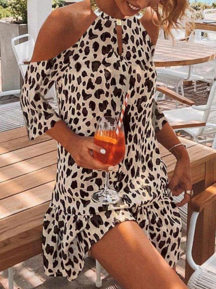 Fashion Middle-sleeve Leopard Print Halterneck Dress - Mini Dresses - INS | Online Fashion Free Shipping Clothing, Dresses, Tops, Shoes - 01/06/2021 - Color_White - DRE2106011136