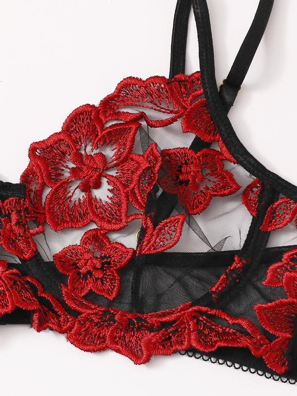 Floral Embroidered Mesh Underwire Lingerie Set - INS | Online Fashion Free Shipping Clothing, Dresses, Tops, Shoes